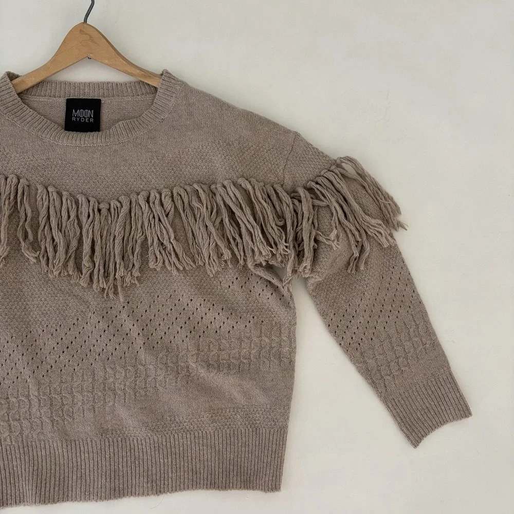 Knit Fringe Pullover Women Sweater S/M Beige Boho Festival Tassel Western Cowgir